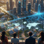 A group of diverse professionals overlooking a futuristic city with clean energy infrastructure