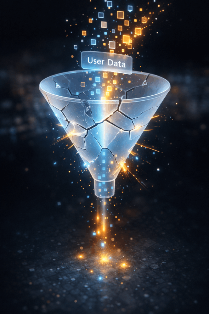 3D isometric graphic showing data leaking from a cracked marketing funnel, representing the 2026 signal loss event