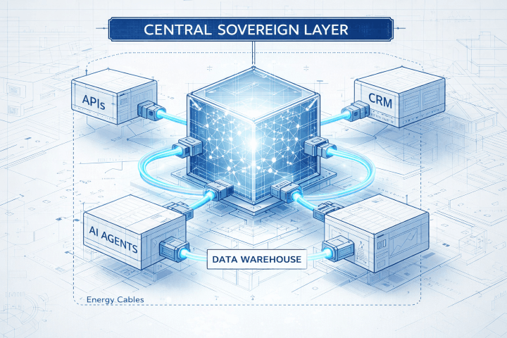 Architectural blueprint of a modular MarTech stack with a central data sovereign core and plug-and-play components