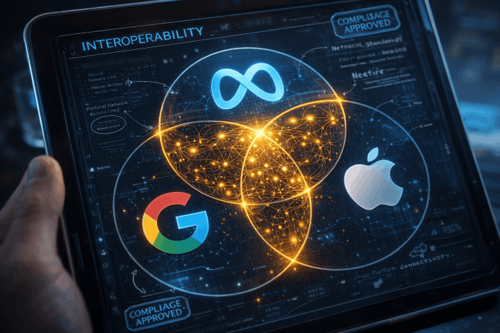 Digital dashboard showing stylized tech giant logos interconnected by AI neural networks, symbolizing DMA interoperability