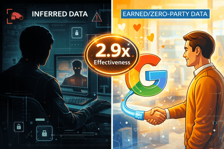 Split-screen comparison between invasive tracking and transparent zero-party data collection