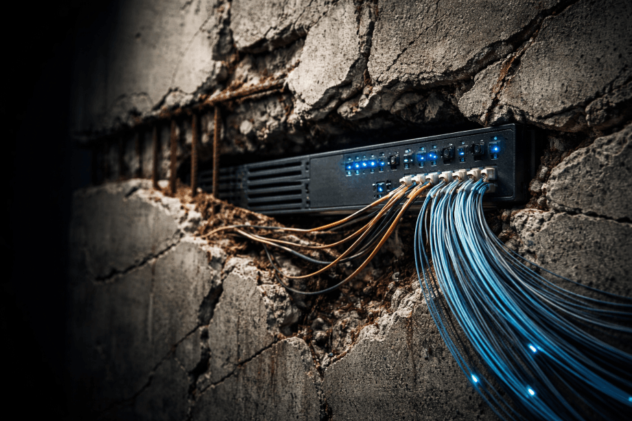 Legacy infrastructure decay contrasted with modern modular server technology representing ERP migration costs