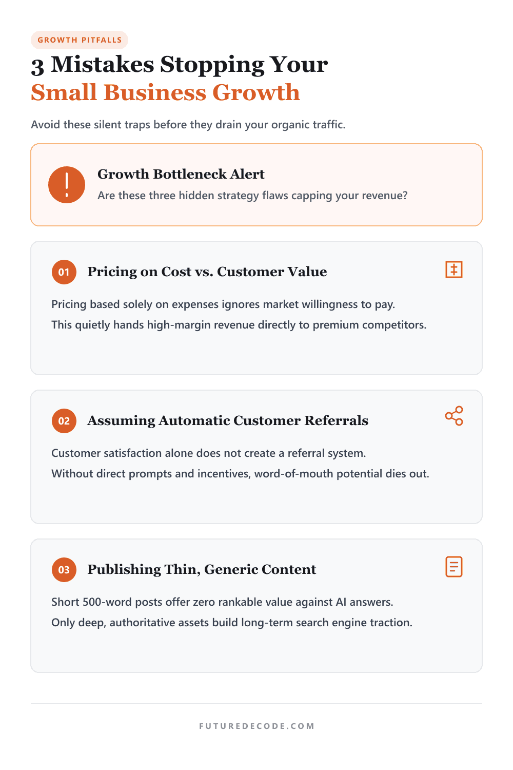 3 critical organic growth mistakes small businesses make including cost-based pricing and thin content.
