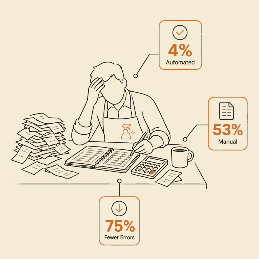 Illustration of an overwhelmed small business owner surrounded by paper receipts, with stats showing only 4% of businesses have automated bookkeeping while 53% still track finances manually