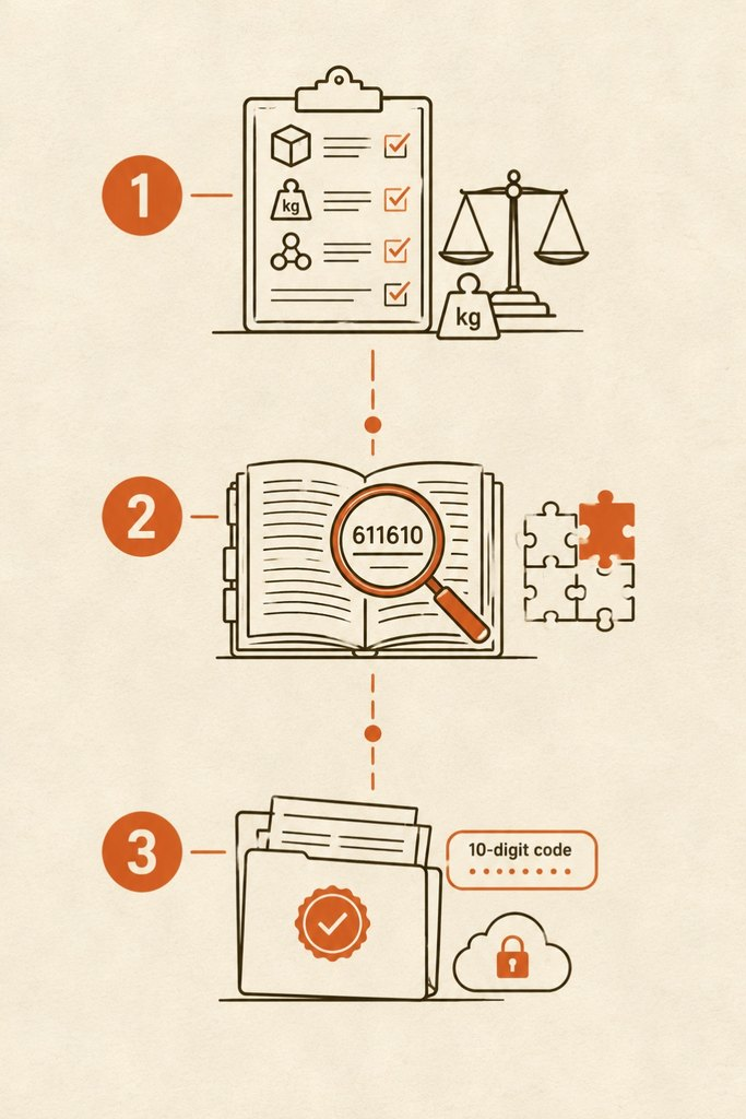 Infographic showing a 3-step process to classify HS codes: Step 1 details product materials and weight; Step 2 applies 6-digit global tariff rules and essential character analysis; Step 3 adds 10-digit national extensions and saves audit proof.